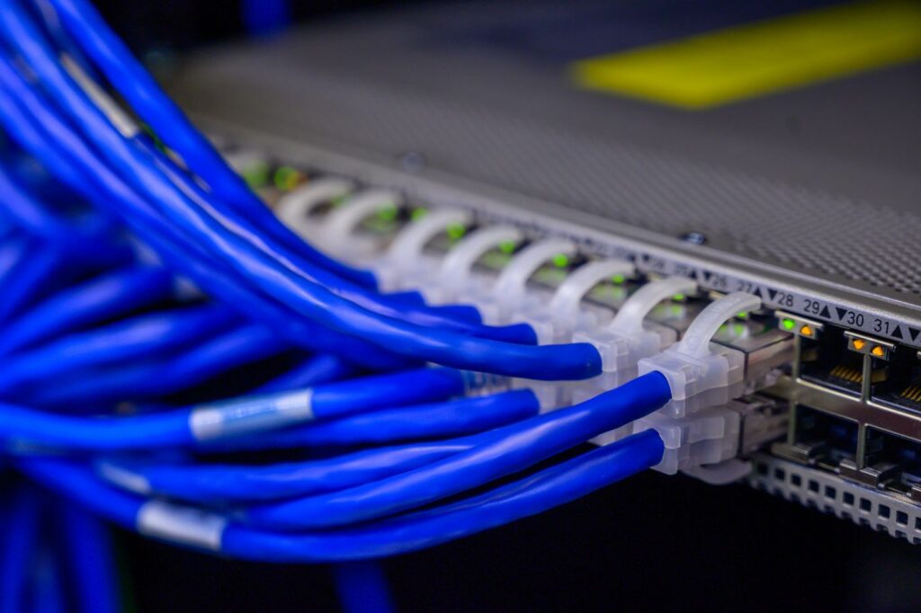 Blue Ethernet cables plugged into a network switch