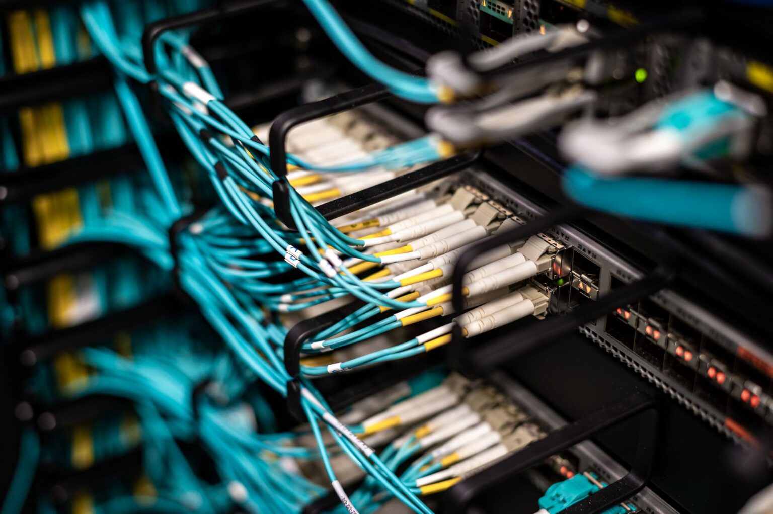 Network cables connected to a patch panel in a server rack